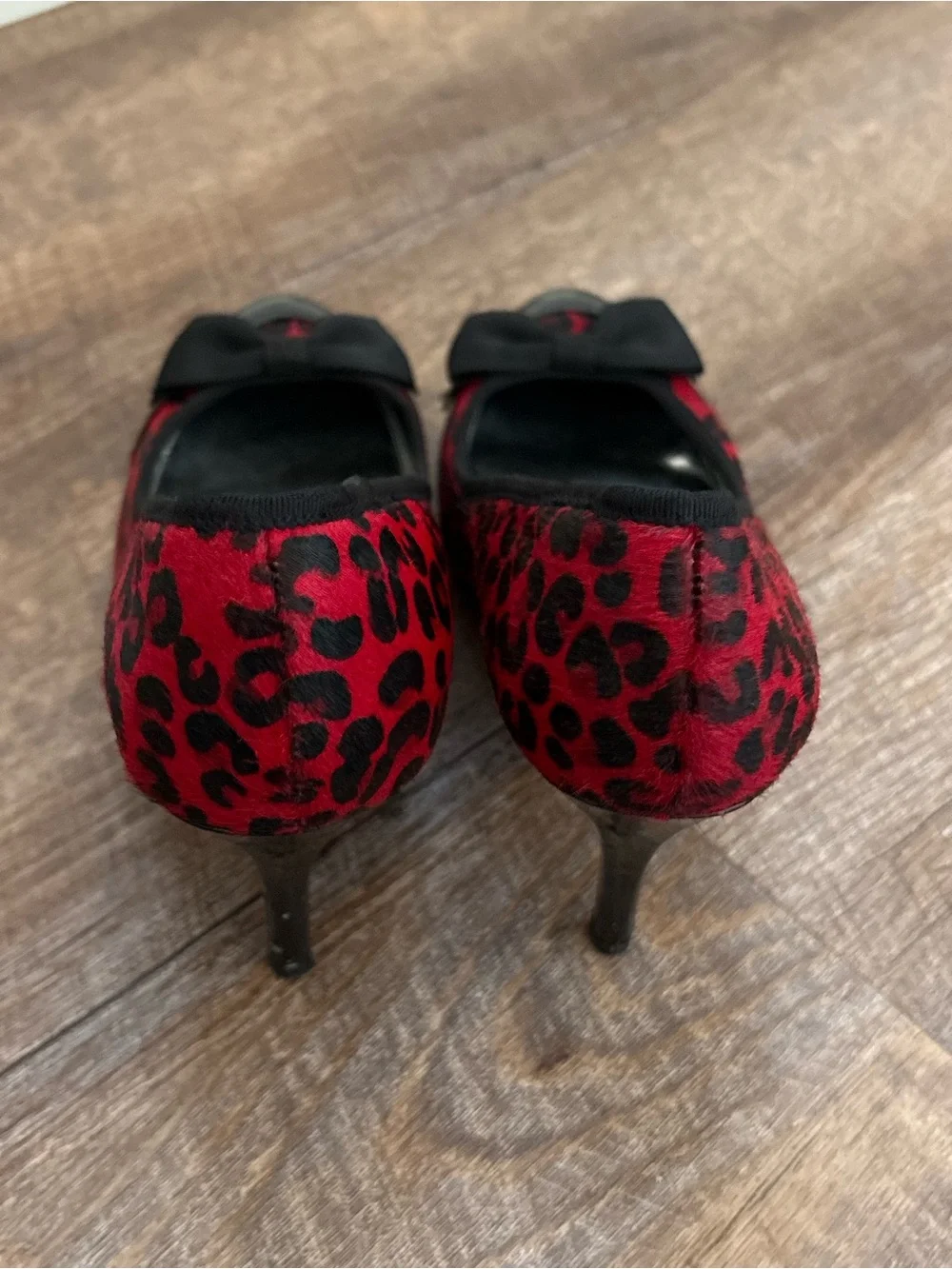 White House Black Market Red Leopard Print Pointed-Toe Pumps with Black Bow